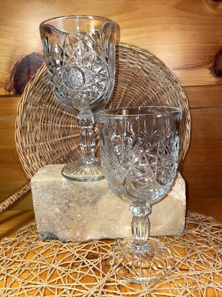 Vintage Libbey Ornate Hobstar Stem Footed Water 10 oz 7.25 in Goblets Lot of 2