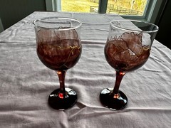 2 Crystal Claret Wine Glasses Unmarked Probable Romanian Gold Drizzle Unusual