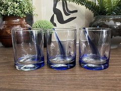 Set of 3 Libbey Blue Ribbon Impressions Cobalt Stripe Dimpled Rocks Glasses