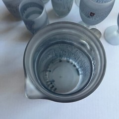 Vtg Hebron Glass Set 10 pc Hand Painted Blue Pitcher Tumblers Tulip Stem Frosted