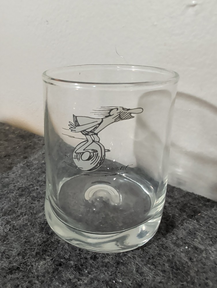 Vintage Cartoon Art Whiskey Glass Tumbler Signed Kent Character Unicycle Barware