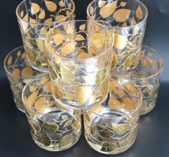 Set of 8 Georges Briard Double Old Fashioned Glasses, MCM, 22k Gold Leaf Design