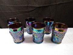 Set of 6 L.G. Wright Maple Leaf Purple Amethyst Carnival Glass Tumblers