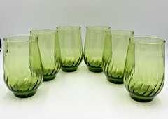 Set Of 6 Anchor Hocking Regal Green (Avocado) Vintage Glass Optic Swirl Tumblers