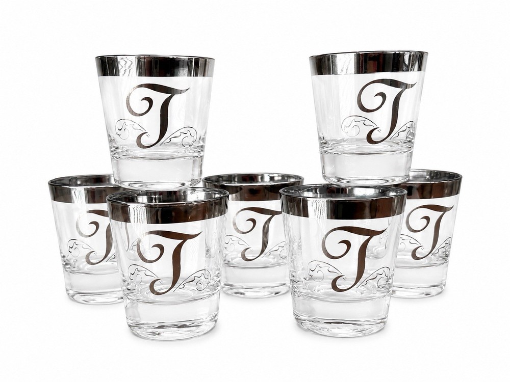 Set Of 7 Short Cocktail Glasses 3.25” Tall Monogram “T” Dorothy Thorpe Glasses