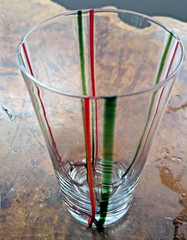 Vintage Clear Drinking Glasses With Green Red Stripes Hand Blown Set Of 9