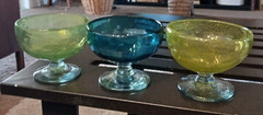 Set of 3 Three Antique Hand Blown Sherbert Stemware Glasses Blue-Green-Yellow