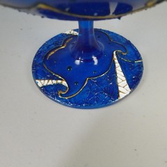 Hand Painted Nautical Sun Sea Waves Art Glass Goblet Blue Gold Stemmed Chalice