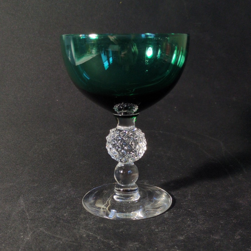 MORGANTOWN GOLF BALL STIEGLE GREEN CHAMPAGNE GLASS, 5″, 5 1/2 Oz, USA