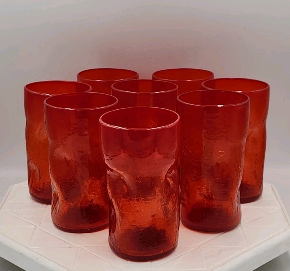 Blenko Crackle Dimpled Tangerine 5 1/2″ T Tumblers Glasses Lot Of 8