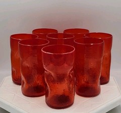 Blenko Crackle Dimpled Tangerine 5 1/2″ T Tumblers Glasses Lot Of 8
