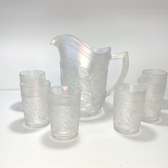 Iridescent White Imperial Glass Water Pitcher w/ 6 Tumblers Singing Birds