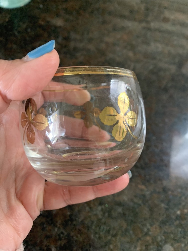 Vtg Gold Four Leaf Clover Glass Old Fashioned MCM Gold Rim Candle St Patrick