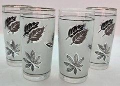 Vtg Silver Leaf Foliage Highball Glasses Metallic Rim 4″ Tall Set of 4 MCM
