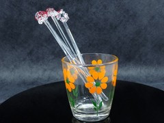 1950s Hazel Atlas Half Pint Orange Flower glass & 4 Glass Santa Swizzle Sticks