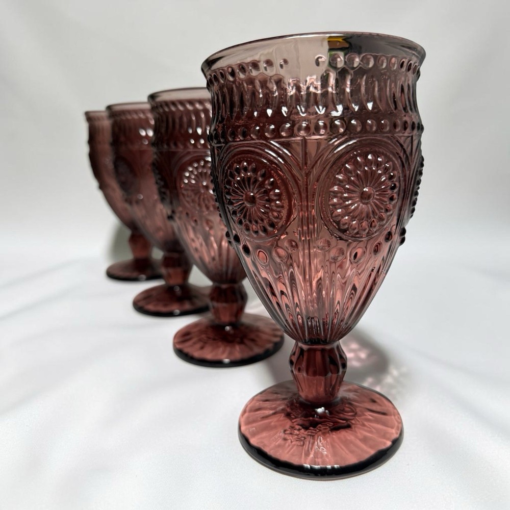 Pioneer Woman Plum Purple Adeline 8 Oz Footed Water Wine Goblets 6 1/2″ Set Of 4