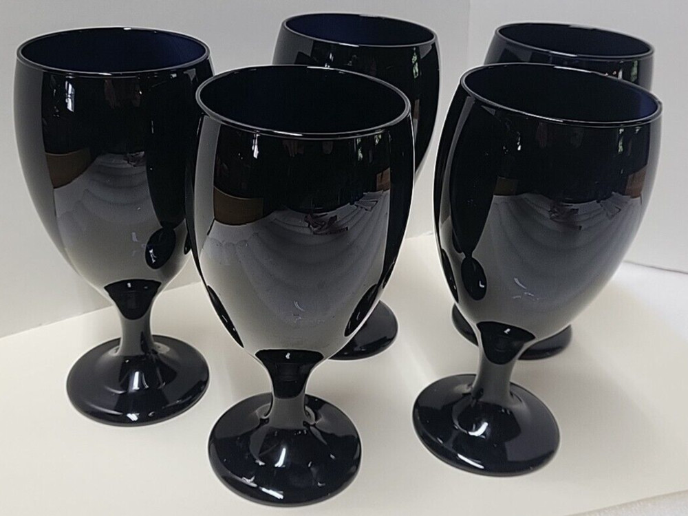 5 Vintage Libbey Black Amethyst Purple Glass Wine Water Cups Goblets 7” Goth