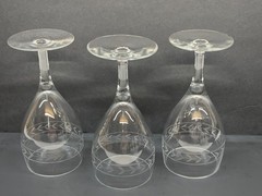 3 Vintage Wine Glasses Clear glass with Etched Design 6-3/4″ Tall