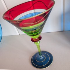 2 Festive Martini Glasses Mouth Blown Colorful Red, Blue, and Green, Gold Trim