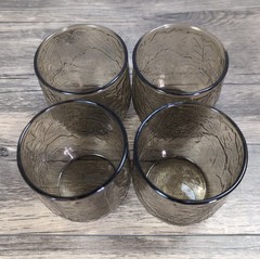 VTG Anchor Hocking Smoke Gray Rocks Glasses Set of 4 Leaf Acorn MCM Tumblers 3″