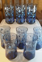 Mid-Century Modern Glasses Libbey Blue Flowers Set x8 Stunning Ombre Bolero 12oz