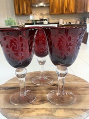 Vintage Large Red & Clear Glass Goblets, Etched White Filigree, set of 3, EUC