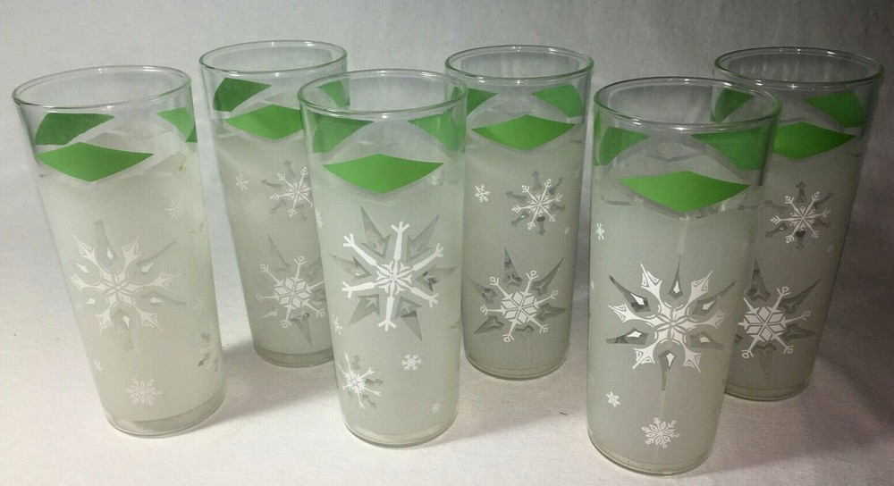 MCM Vintage Atomic Snowflake Frosted Mint Green Set Of 6 Tumblers Bar Ware