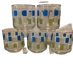 VINTAGE 5 PC JUICE,&ROCKS~LIBBEY NORDIC~MCM BARWARE GLASSES Blue Gold Green