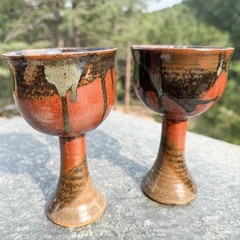 Signed Studio Pottery Goblets Pair, Stoneware Chalices Dated 1983 Handmade