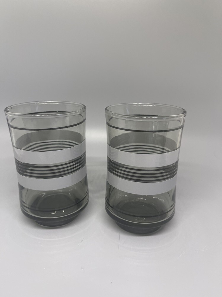 Libby Juice Glass Black Gray Stripes 1970s Smoke Gray 6oz Set Of 2