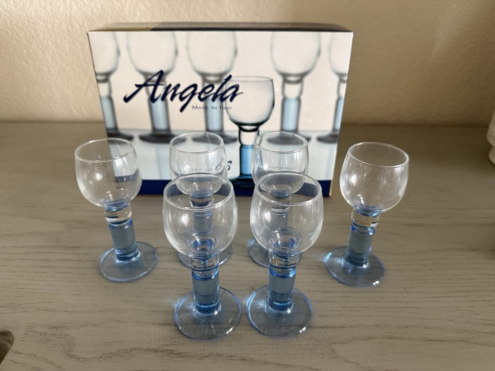 Angela Blue Stem Set of 6 Cordial Glasses 2 Ounces Vintage Made in Italy NEW