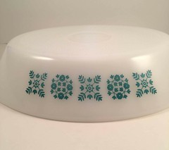Vintage Glasbake J-2352 Divided Oval Bakeware Blue/Teal/Turquoise Snowflakes