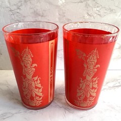 Pair VTG MCM Culver Siam Thai Goddess Hindu Red Gold Glasses Tumblers