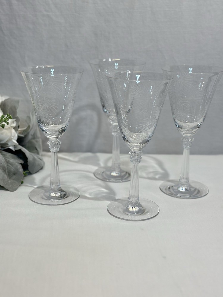Set of 4 Fostoria Lido Crystal Water Goblet Scepter Stem Palm Leaves Etched 7.5”