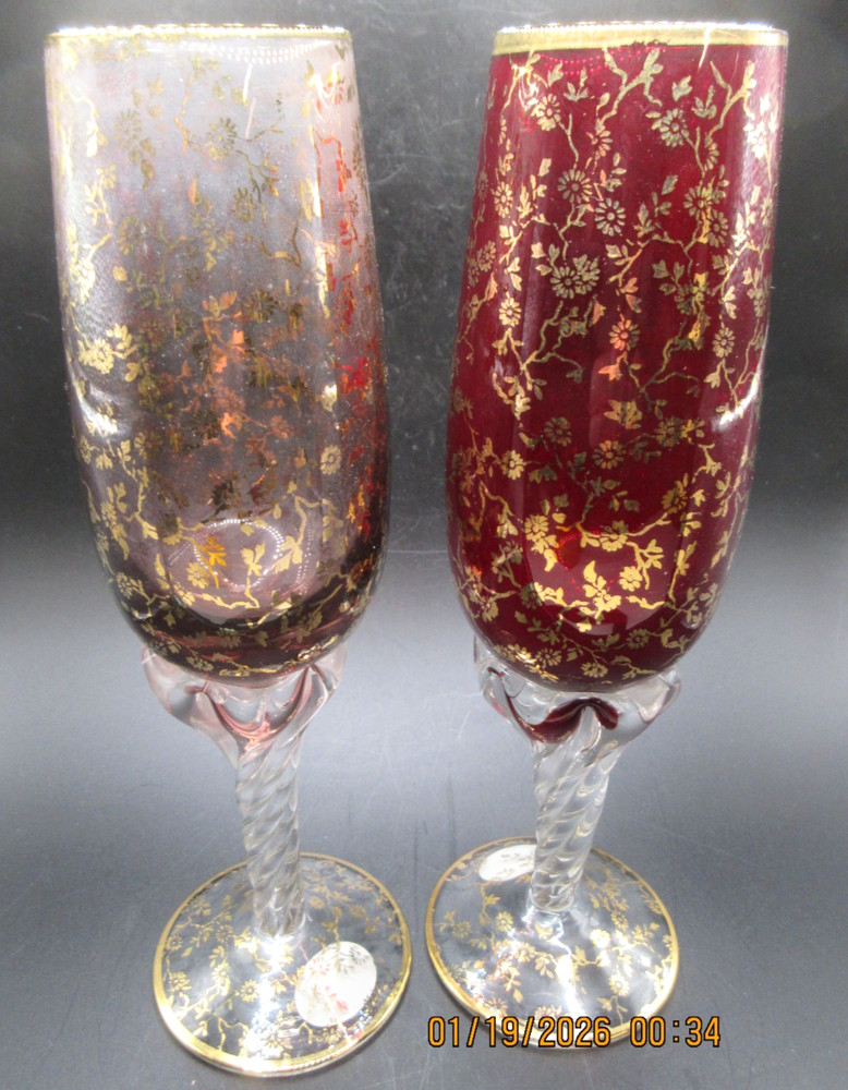 MURANO~24KT GOLD~GILDED FLORAL~GLASS CHAMPAGNE/ WINE FLUTE~LABEL ON BOTTOMS