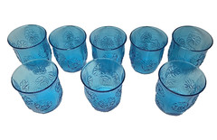 Set of 8 Vintage Anchor Hocking Blue Daisy Pattern Juice Glasses EUC 3 x3 in.