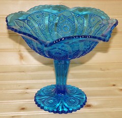 Daisy & Button Hobstar Imperial Glass Antique Blue Compote, 7 1/4″h x 8 1/2″w