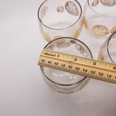 4 Federal Roman Gold Coin Roly Poly Glass Barware 3 1/4×3″ MCM Vintage Cocktail