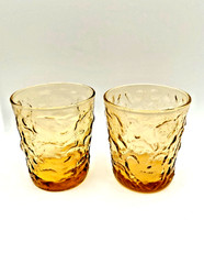 (2) Vtg Anchor Hocking Glasses Lido Honey Gold Old Fashioned Wrinkle 8Oz 3-3/8In