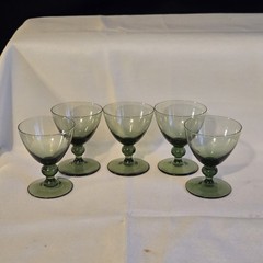 5 VTG Mid-Century Modern Avacado Olive Green Cordial Claret Sherry Glasses
