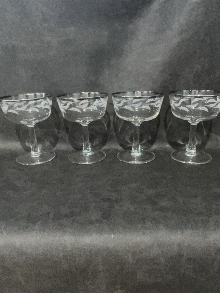 4 Vintage Silver Rim Laurel Leaf Etched Champagne Glasses ~ France ~ 4-3/8″ Tall