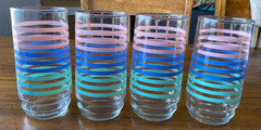 Vintage Pastel Pink Blue Green Stripe Drinking Glasses Set of 8 MCM