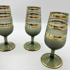 MCM Frosted Grey & Gold cordial Sherry Glasses VTG glassware 70s Bohemian