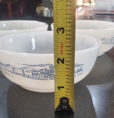 Vintage Glasbake – Currier & Ives Train Design, 5″ Bowl Milk Glass SET OF 3