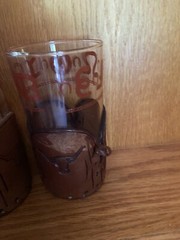 Libbey Bamco Western Highball Glasses 5″ Tooled Leather Sleeves Bull Cattle