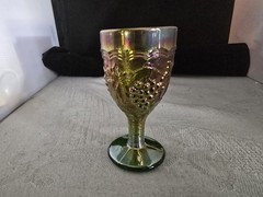 Vintage Imperial Cordial Iridescent Green Carnival Glass Grape & Vine 4″ Goblet