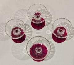 Lot/4 Vintage 1950s Bryce Champagne Glasses Panel Optic Faceted Stem w/Red Foot