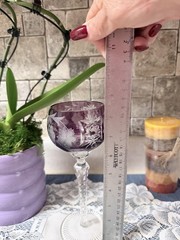 Bohemian Amethyst Cut To Clear Crystal Wine Glass Goblet Floral Etched Stemware