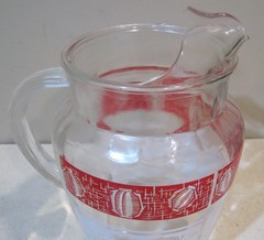 MCM Vintage ANCHOR HOCKING Glass RED & WHITE PITCHER & 10 GLASSES Retro Set MINT