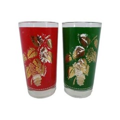 Vintage Libbey Grape Leaf Design Glasses Red Green Gold Christmas 12 oz MCM USA